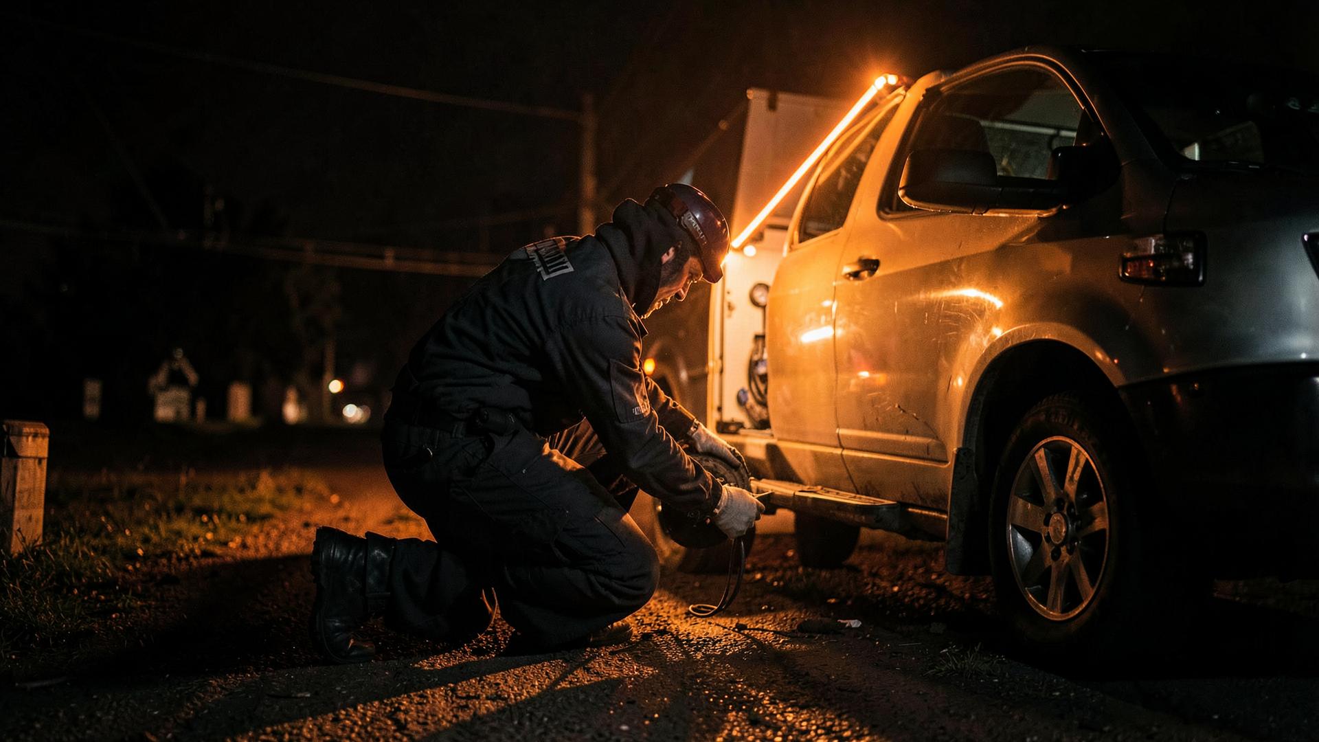 Roadside Rubber technician changing a tire at night